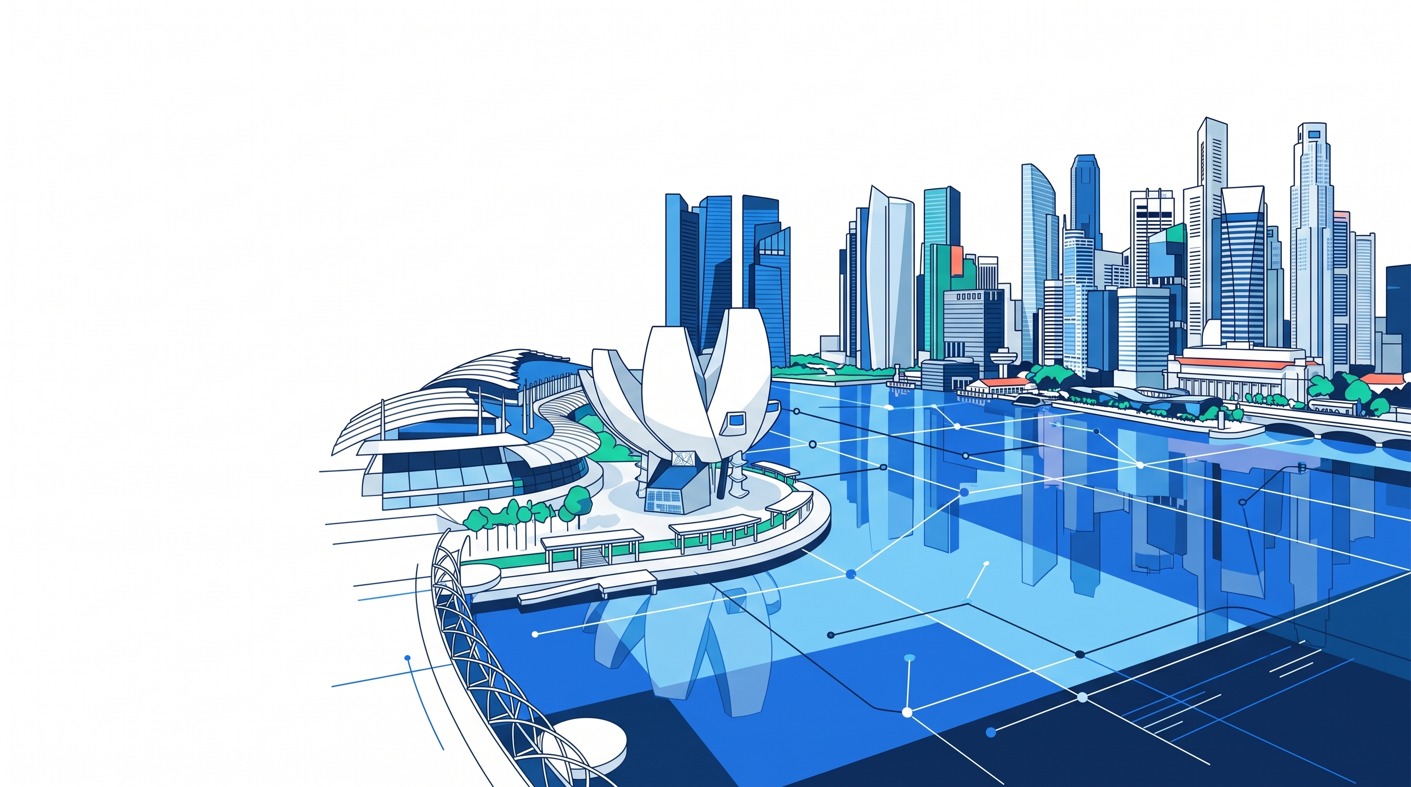 Singapore waterfront, with the ArtScience Museum, the skyline, and a line drawing across the bay.
